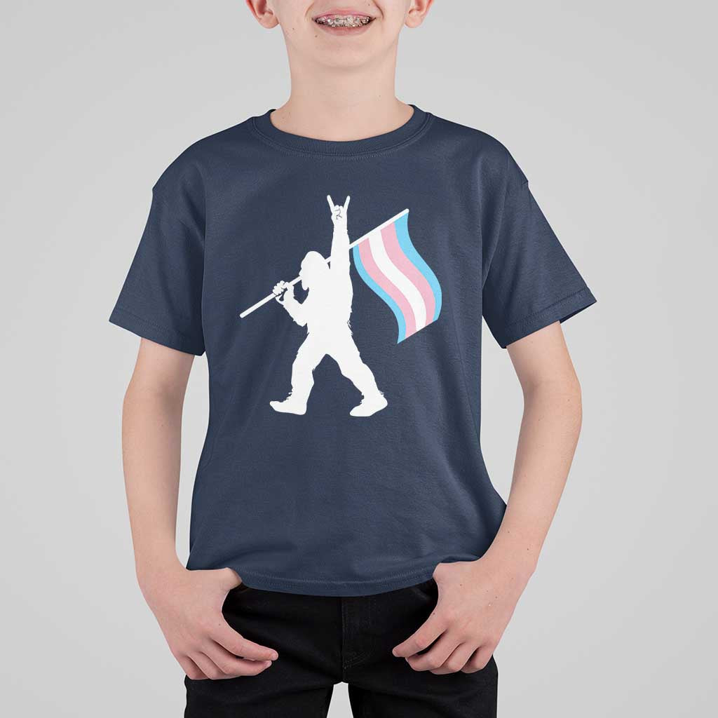 Bigfoot Rock On Trans Pride Flag T Shirt For Kid Sasquatch LGBTQ Ally