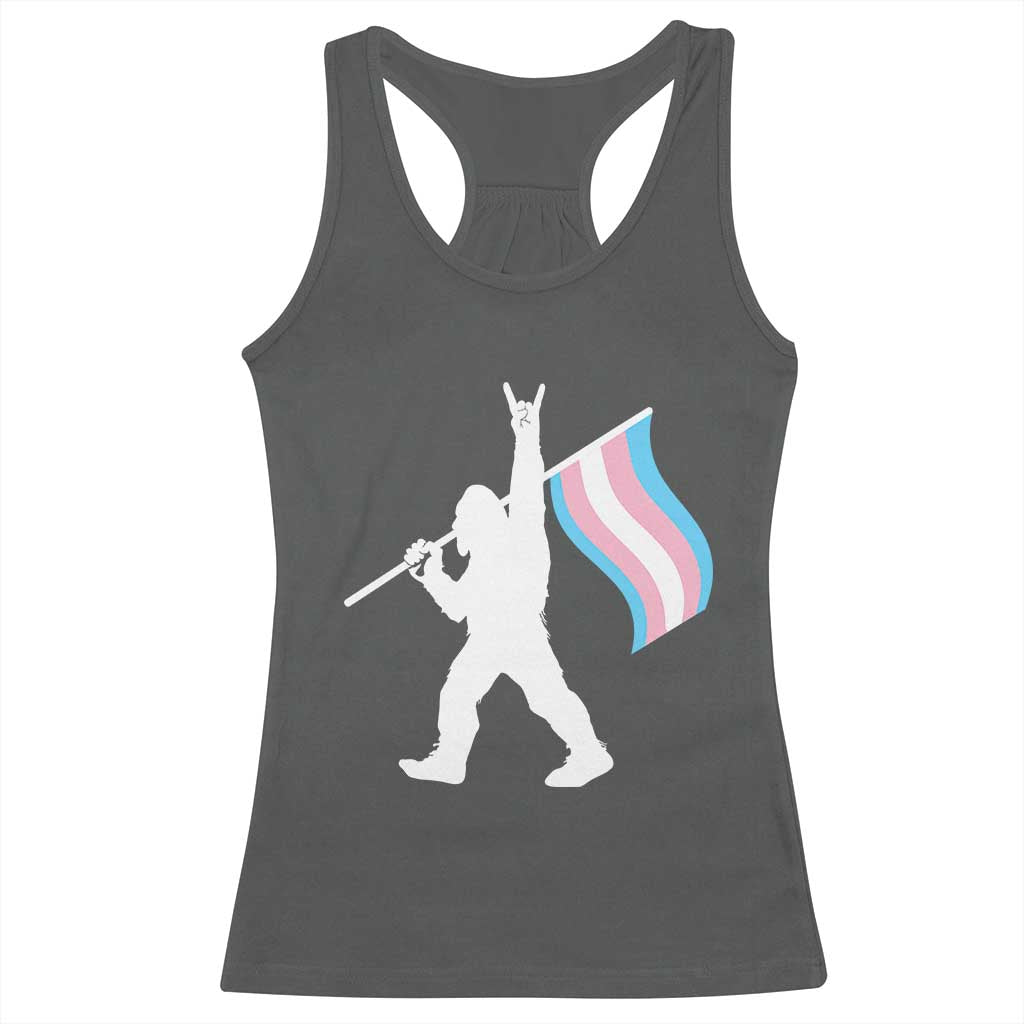 Bigfoot Rock On Trans Pride Flag Racerback Tank Top Sasquatch LGBTQ Ally