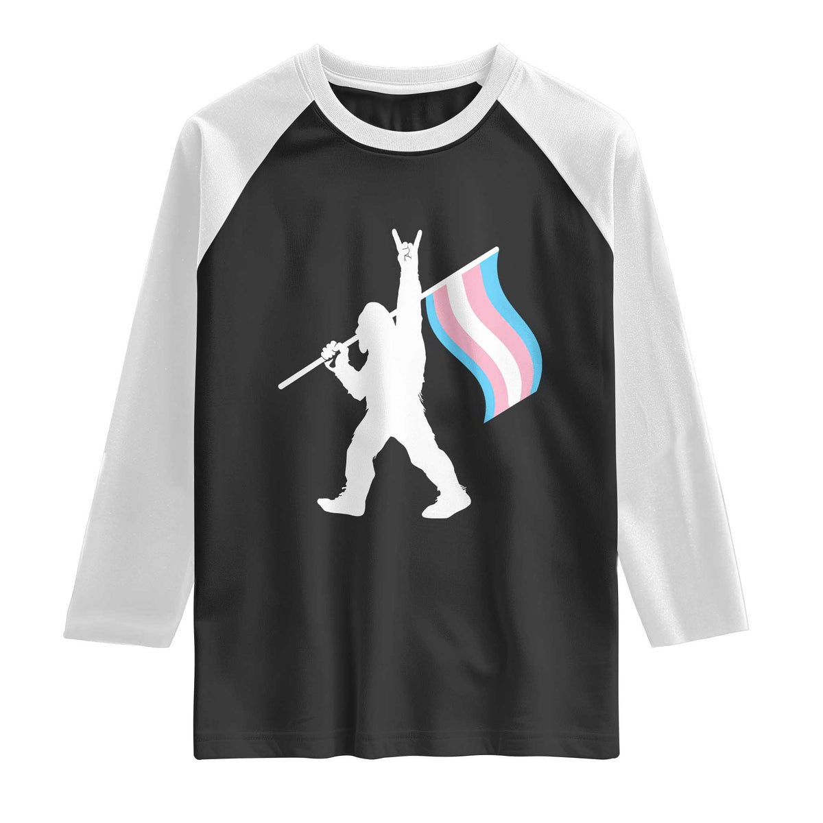 Bigfoot Rock On Trans Pride Flag Raglan Shirt Sasquatch LGBTQ Ally