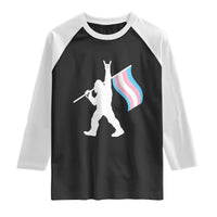 Bigfoot Rock On Trans Pride Flag Raglan Shirt Sasquatch LGBTQ Ally