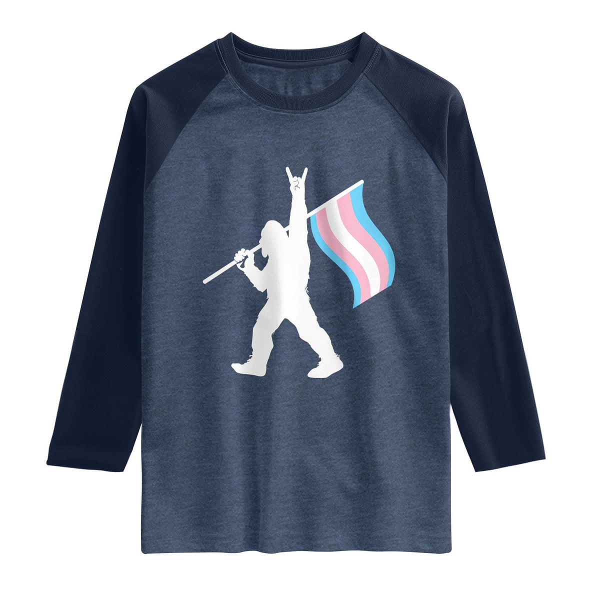 Bigfoot Rock On Trans Pride Flag Raglan Shirt Sasquatch LGBTQ Ally