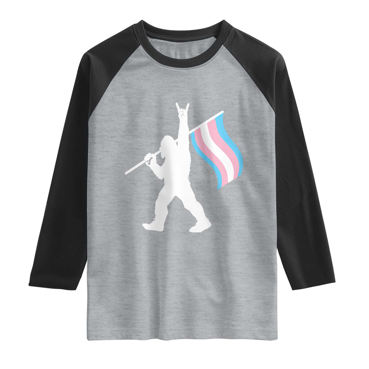 Bigfoot Rock On Trans Pride Flag Raglan Shirt Sasquatch LGBTQ Ally