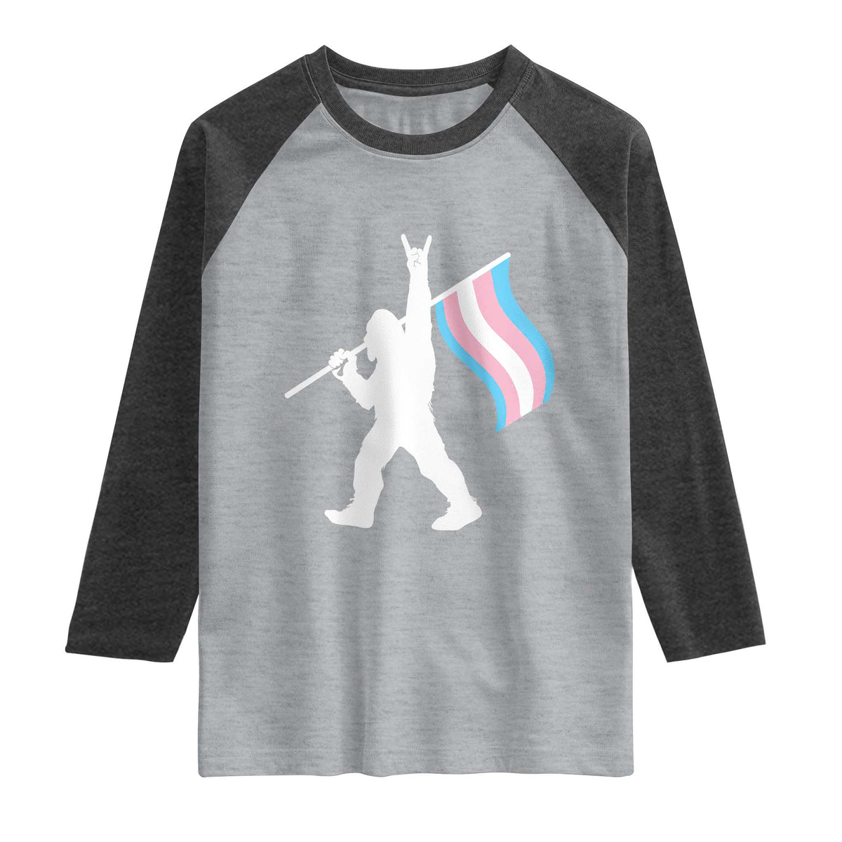 Bigfoot Rock On Trans Pride Flag Raglan Shirt Sasquatch LGBTQ Ally