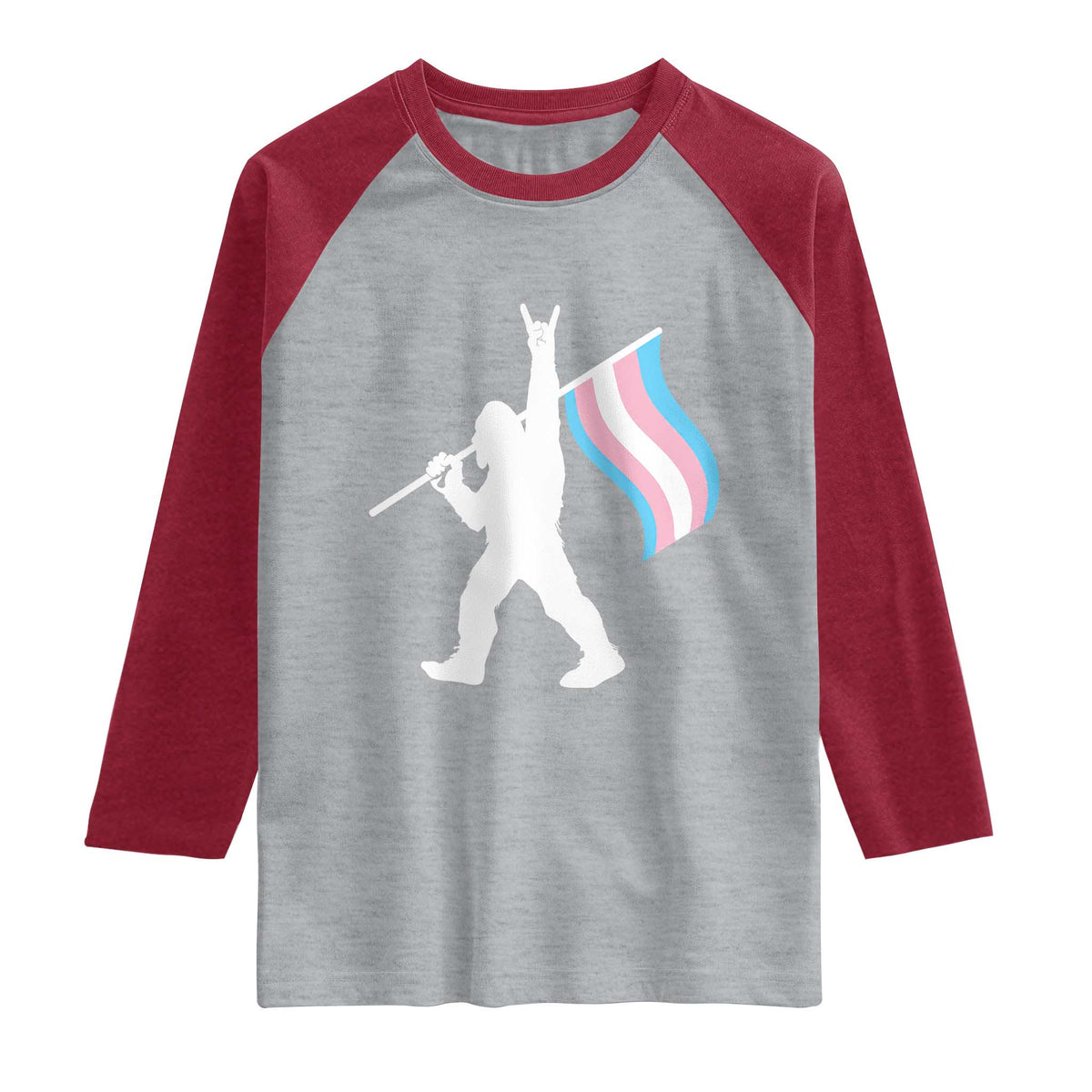 Bigfoot Rock On Trans Pride Flag Raglan Shirt Sasquatch LGBTQ Ally