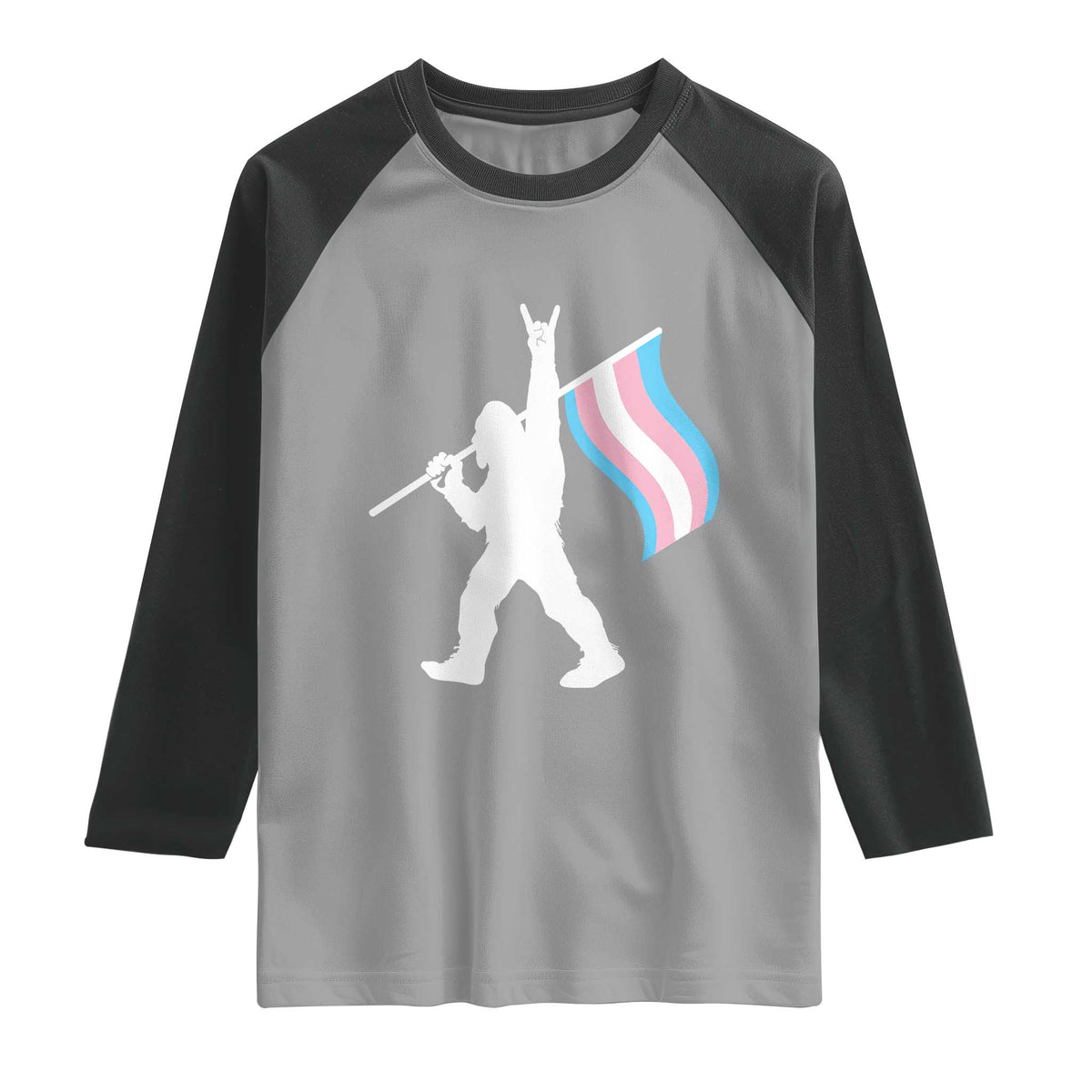 Bigfoot Rock On Trans Pride Flag Raglan Shirt Sasquatch LGBTQ Ally