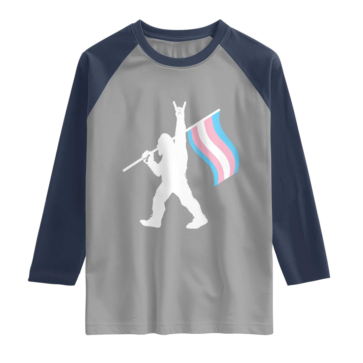 Bigfoot Rock On Trans Pride Flag Raglan Shirt Sasquatch LGBTQ Ally