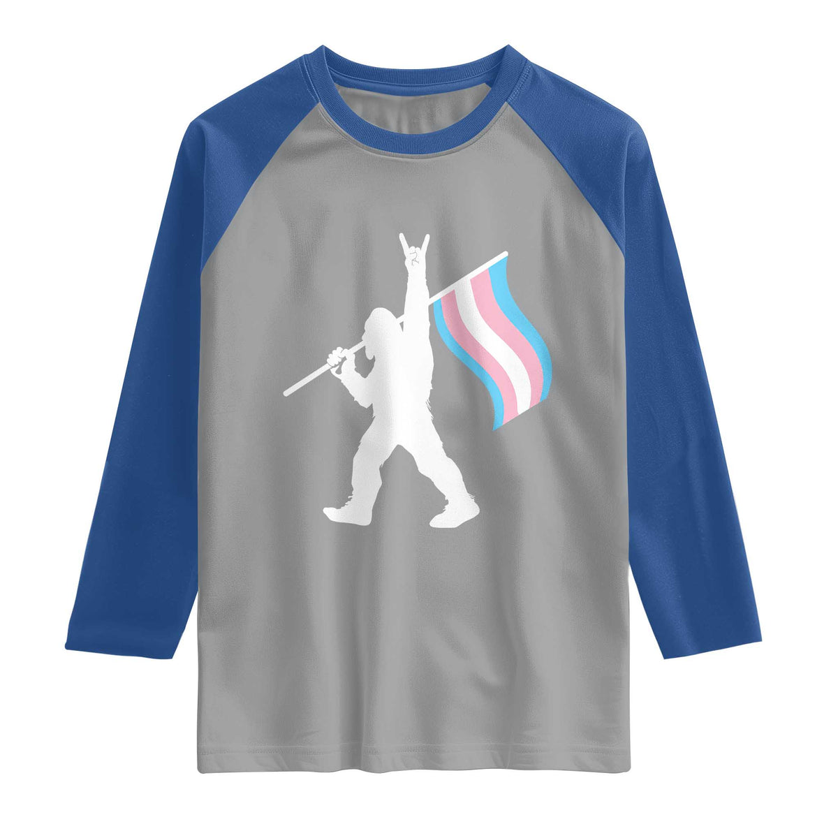 Bigfoot Rock On Trans Pride Flag Raglan Shirt Sasquatch LGBTQ Ally