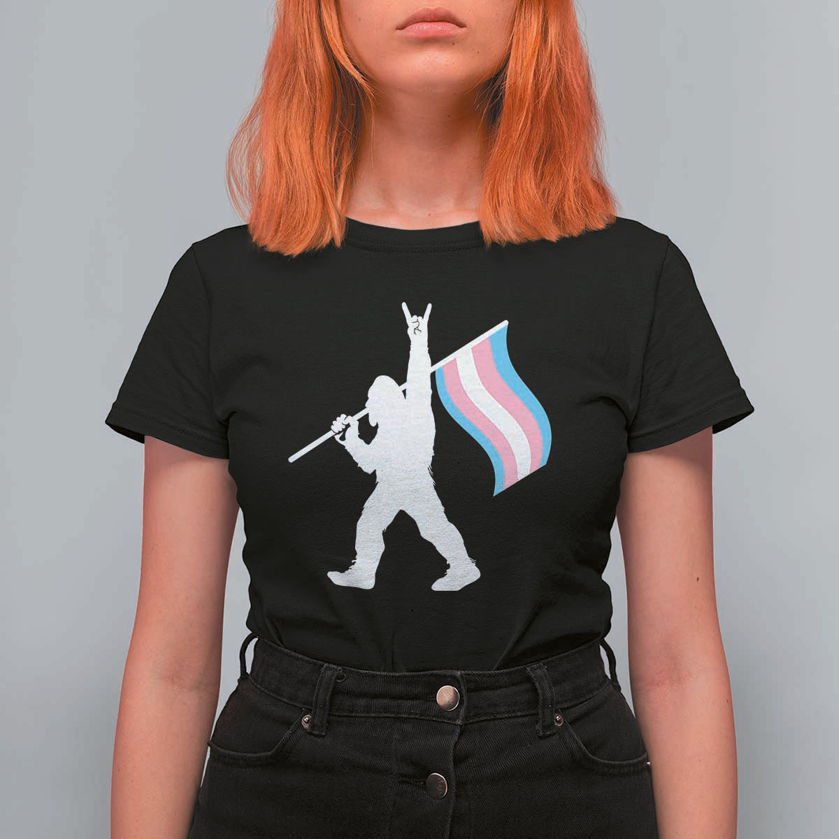 Bigfoot Rock On Trans Pride Flag T Shirt For Women Sasquatch LGBTQ Ally