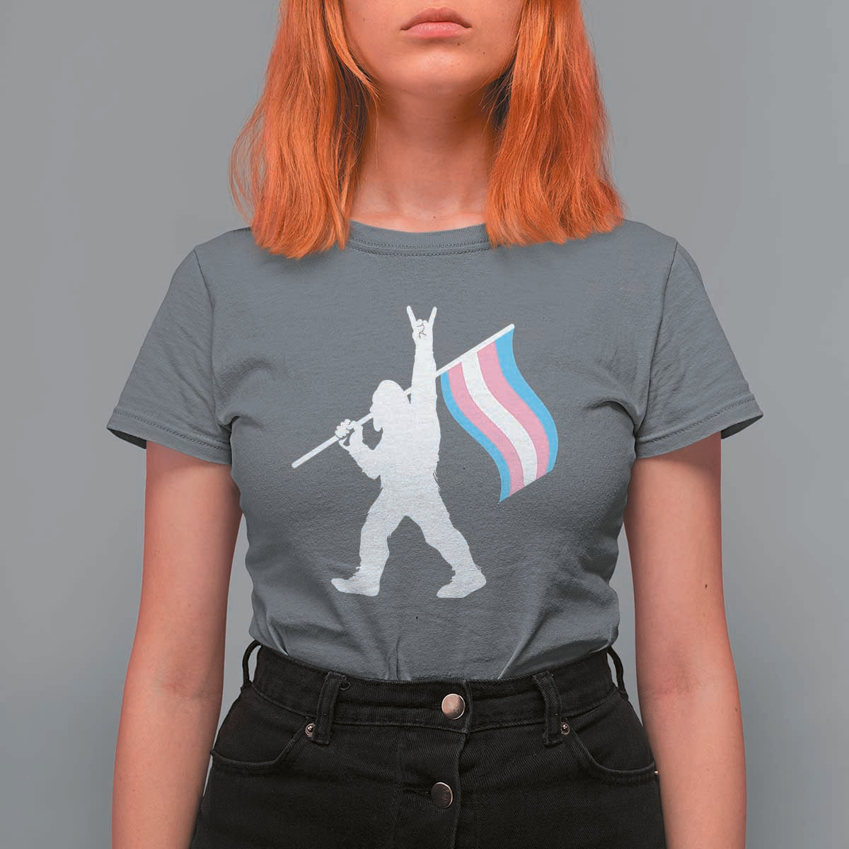 Bigfoot Rock On Trans Pride Flag T Shirt For Women Sasquatch LGBTQ Ally