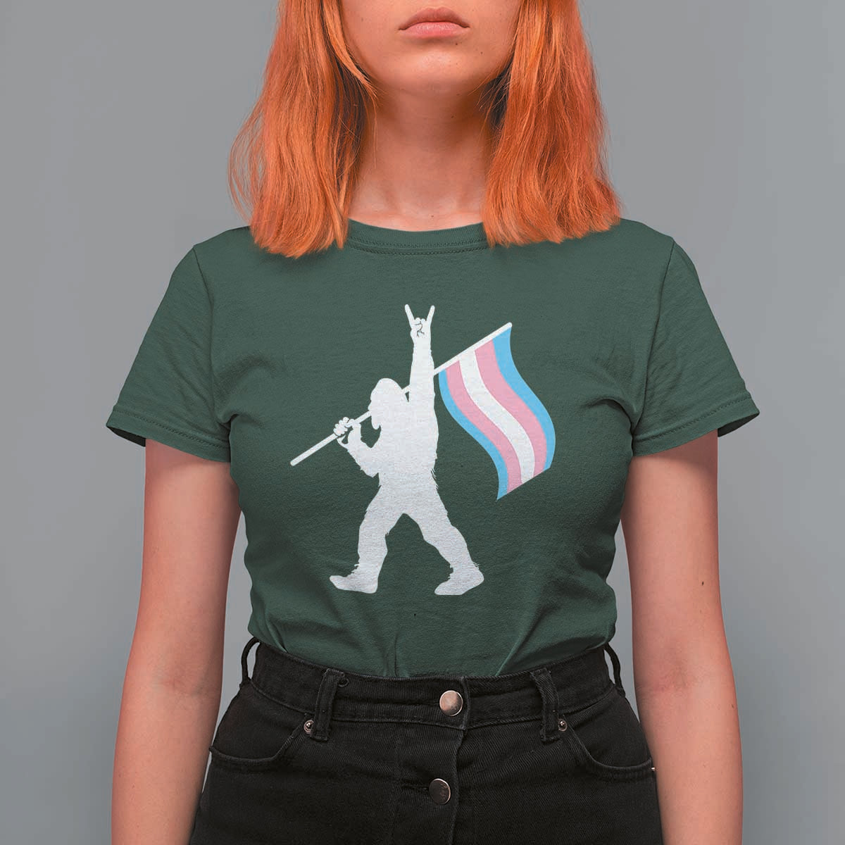 Bigfoot Rock On Trans Pride Flag T Shirt For Women Sasquatch LGBTQ Ally