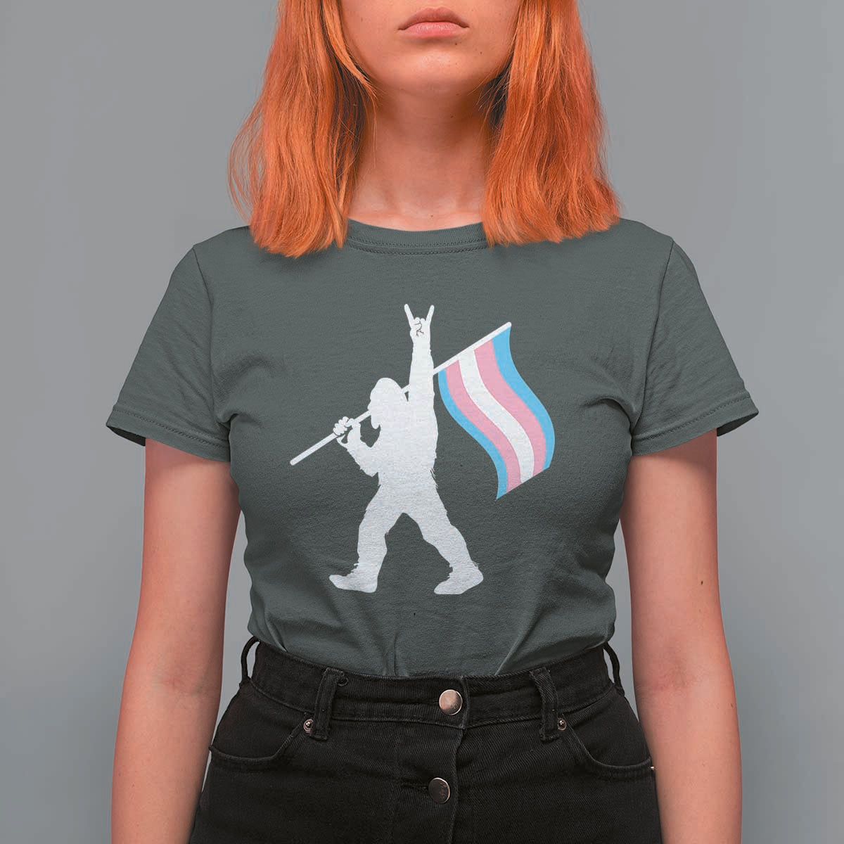 Bigfoot Rock On Trans Pride Flag T Shirt For Women Sasquatch LGBTQ Ally