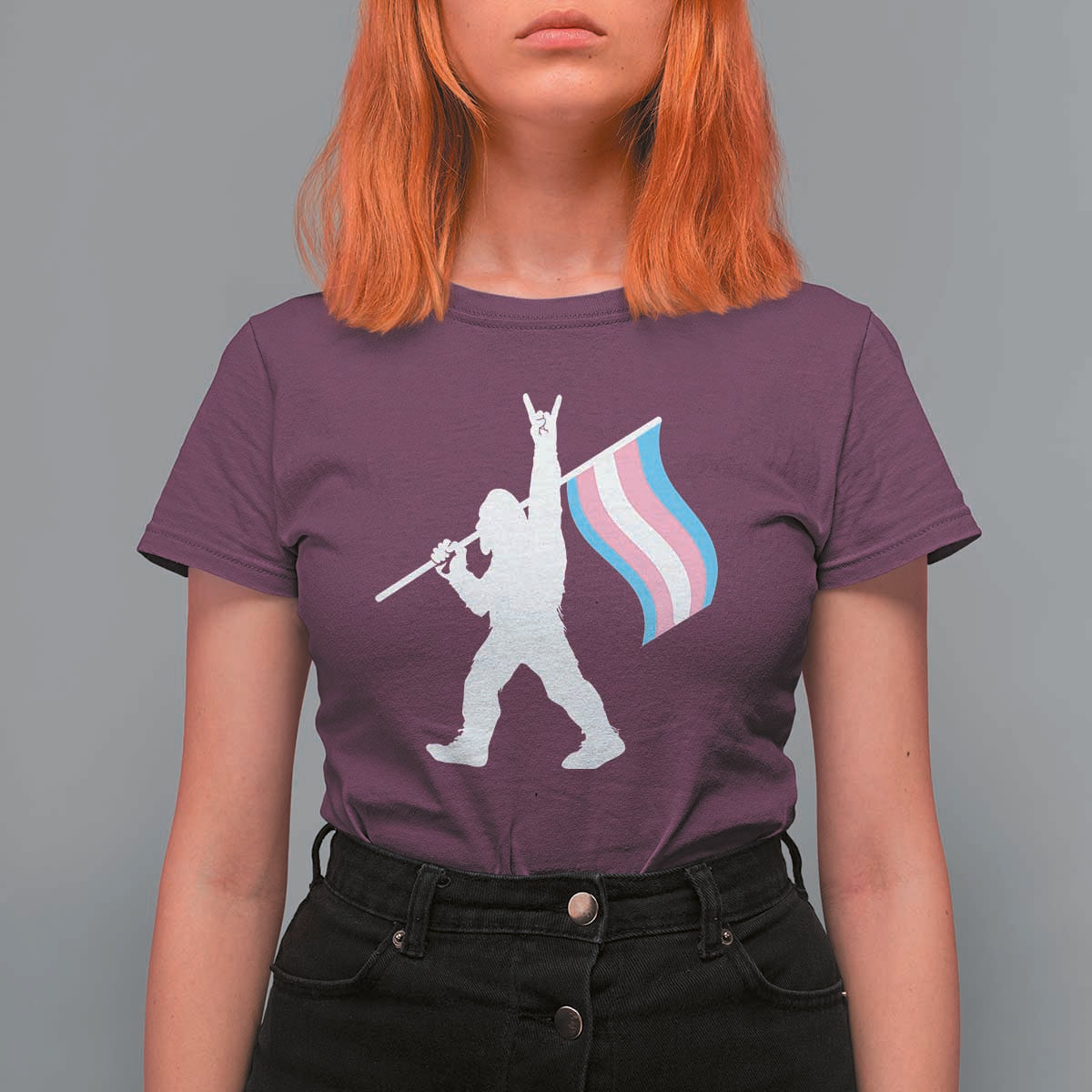 Bigfoot Rock On Trans Pride Flag T Shirt For Women Sasquatch LGBTQ Ally