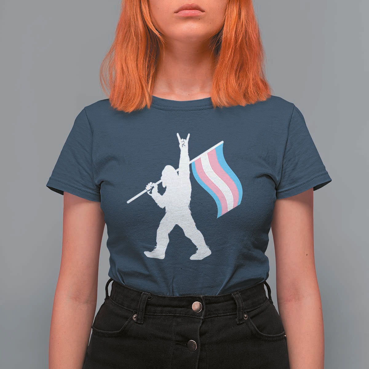 Bigfoot Rock On Trans Pride Flag T Shirt For Women Sasquatch LGBTQ Ally