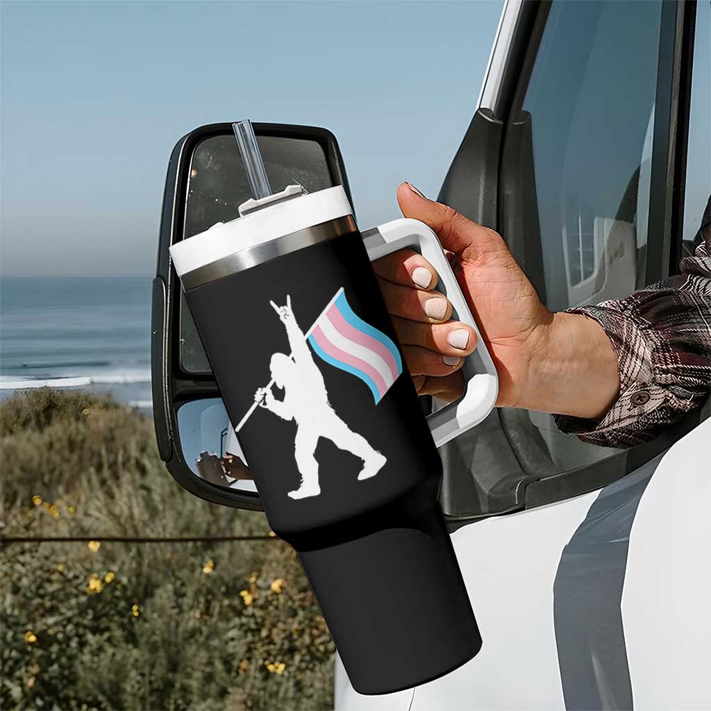 Bigfoot Rock On Trans Pride Flag Tumbler With Handle Sasquatch LGBTQ Ally