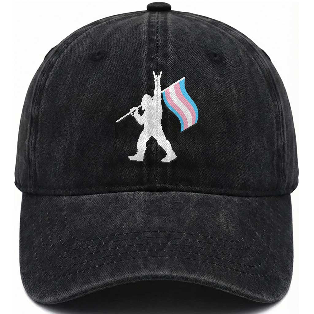Bigfoot Rock On Trans Pride Flag Washed Cotton Baseball Cap Sasquatch LGBTQ Ally