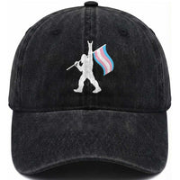 Bigfoot Rock On Trans Pride Flag Washed Cotton Baseball Cap Sasquatch LGBTQ Ally