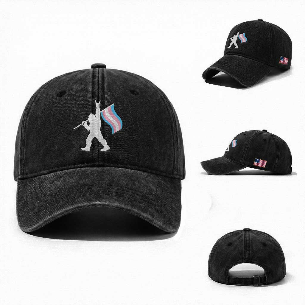Bigfoot Rock On Trans Pride Flag Washed Cotton Baseball Cap Sasquatch LGBTQ Ally