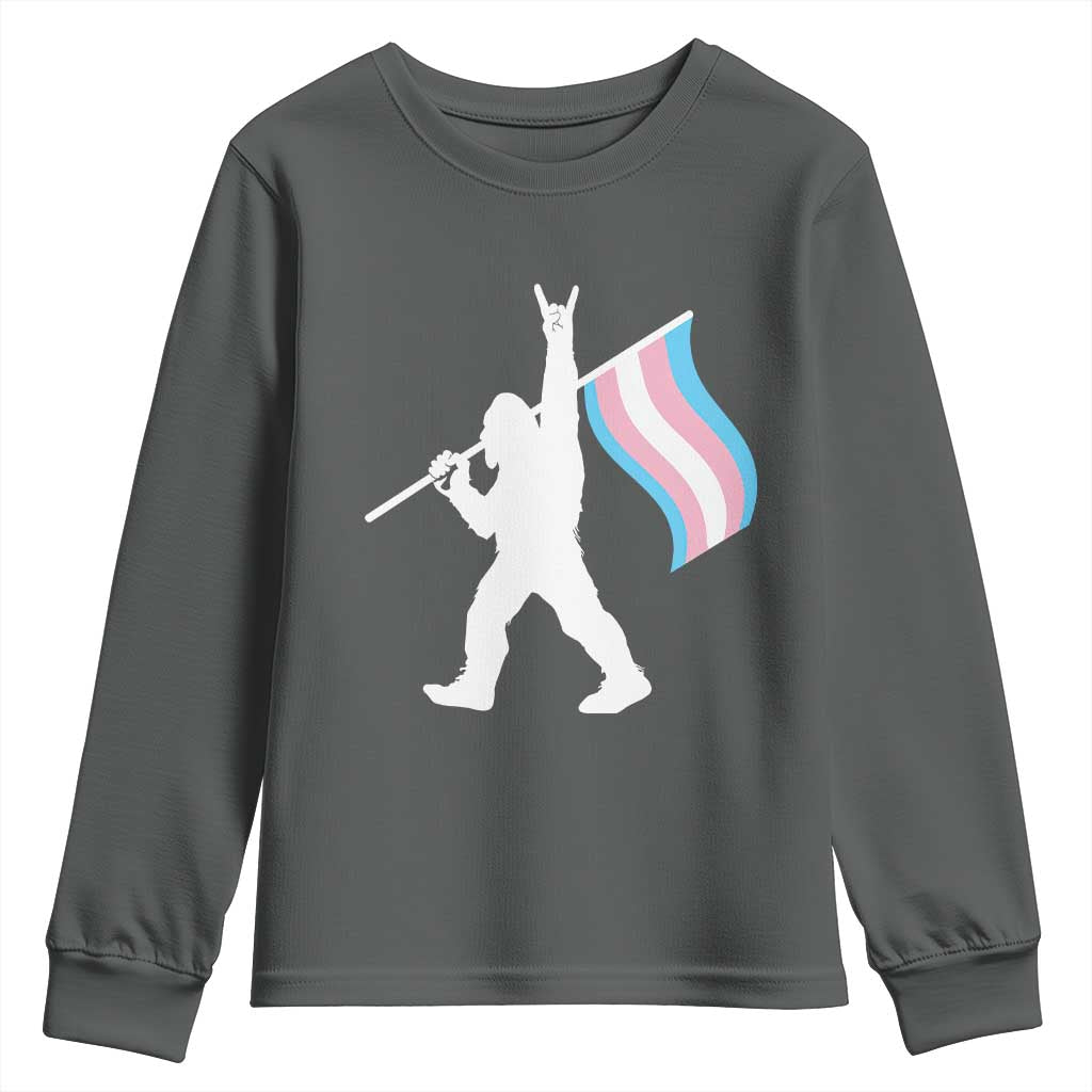 Bigfoot Rock On Trans Pride Flag Youth Sweatshirt Sasquatch LGBTQ Ally