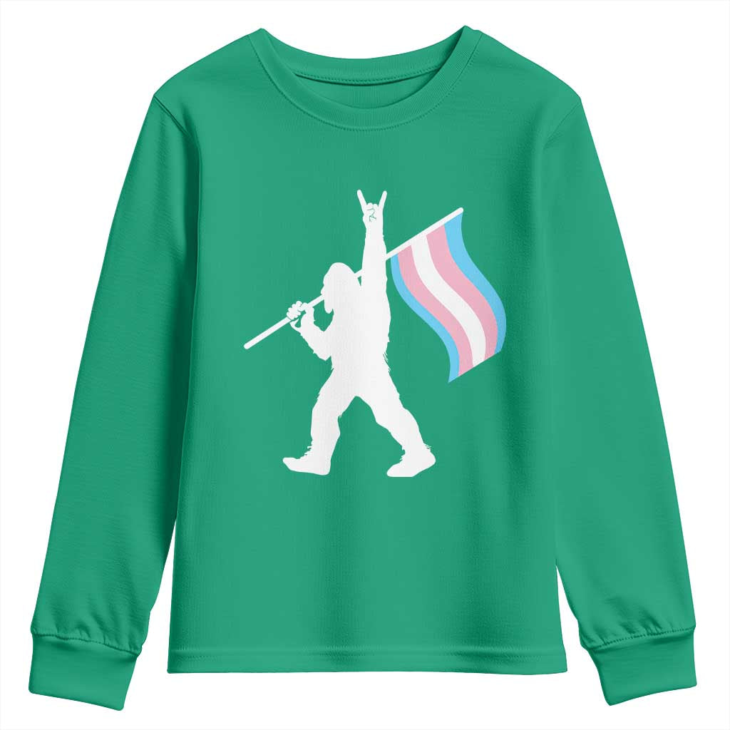 Bigfoot Rock On Trans Pride Flag Youth Sweatshirt Sasquatch LGBTQ Ally