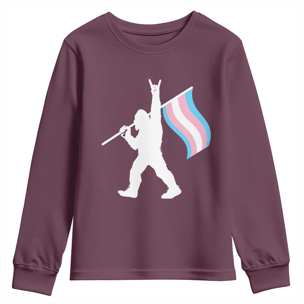 Bigfoot Rock On Trans Pride Flag Youth Sweatshirt Sasquatch LGBTQ Ally
