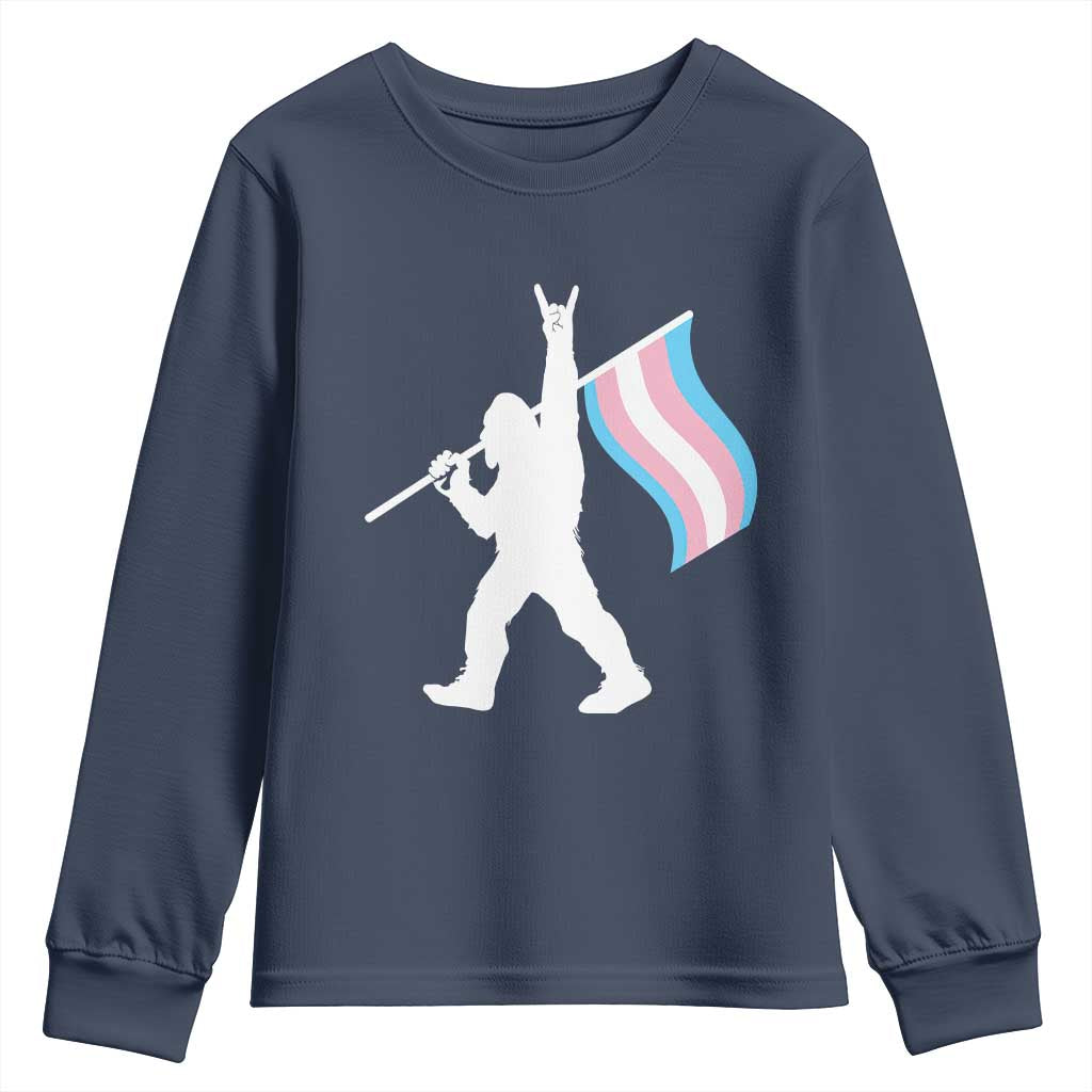 Bigfoot Rock On Trans Pride Flag Youth Sweatshirt Sasquatch LGBTQ Ally