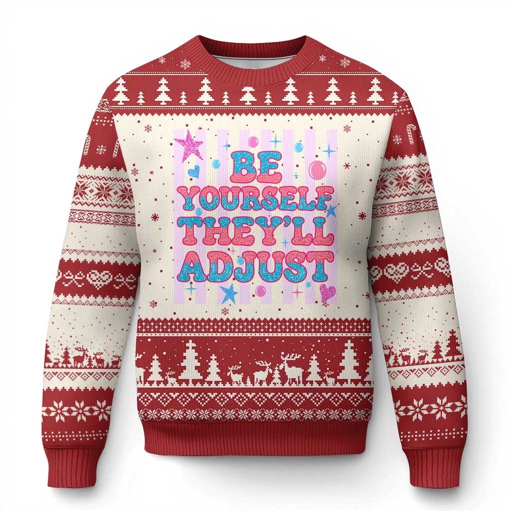 Striped Glitter Effect Printed Trans Rights Ugly Christmas Sweater Be Yourself They Will Adjust