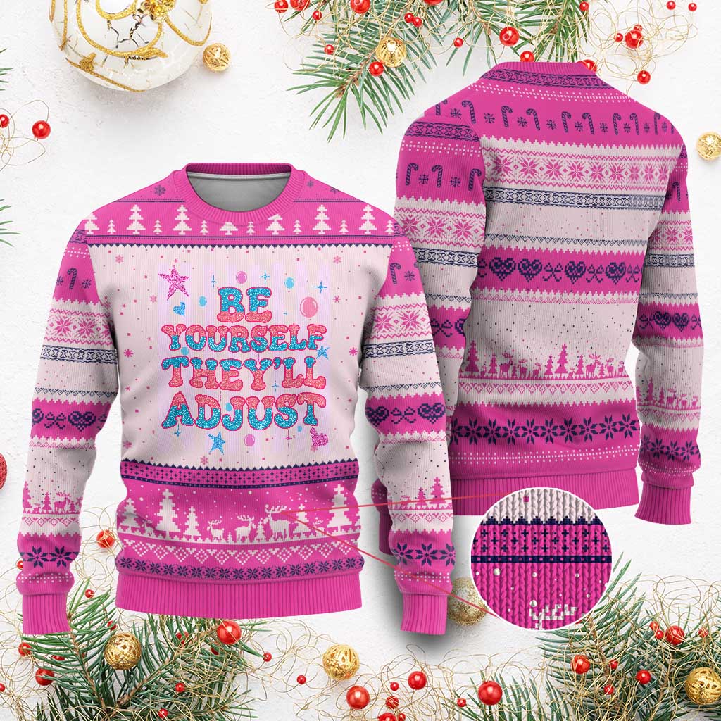 Striped Glitter Effect Printed Trans Rights Ugly Christmas Sweater Be Yourself They Will Adjust