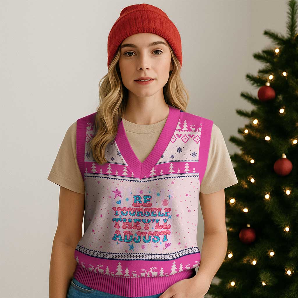 Striped Glitter Effect Printed Trans Rights V-Neck Knit Sweater Vest Be Yourself They Will Adjust