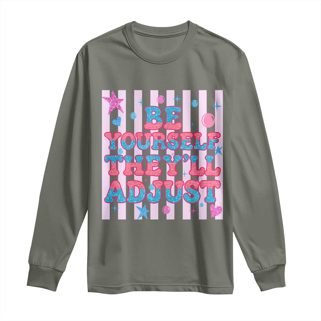 Striped Glitter Effect Printed Trans Rights Long Sleeve Shirt Be Yourself They Will Adjust
