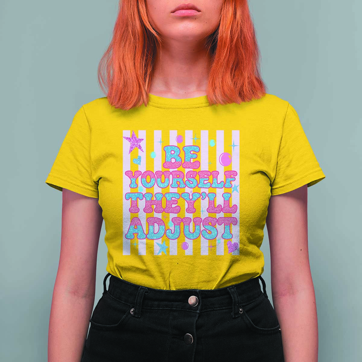 Striped Glitter Effect Printed Trans Rights T Shirt For Women Be Yourself They Will Adjust