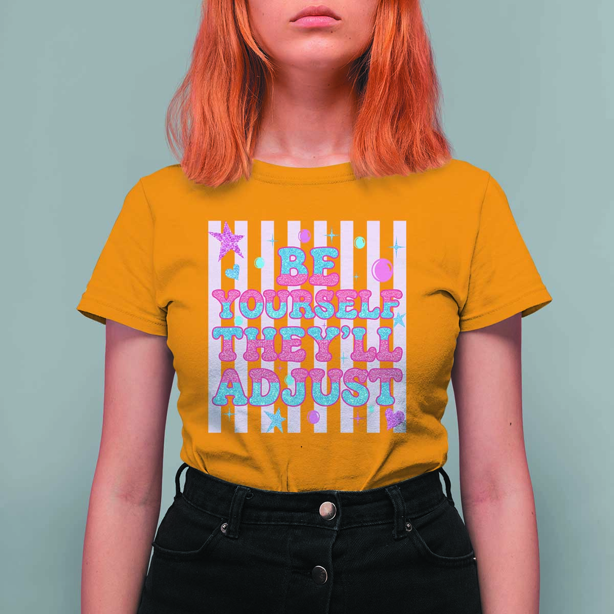 Striped Glitter Effect Printed Trans Rights T Shirt For Women Be Yourself They Will Adjust