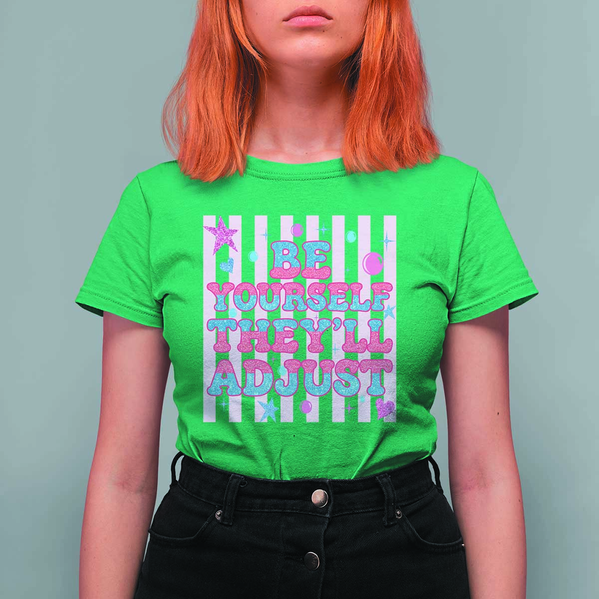 Striped Glitter Effect Printed Trans Rights T Shirt For Women Be Yourself They Will Adjust