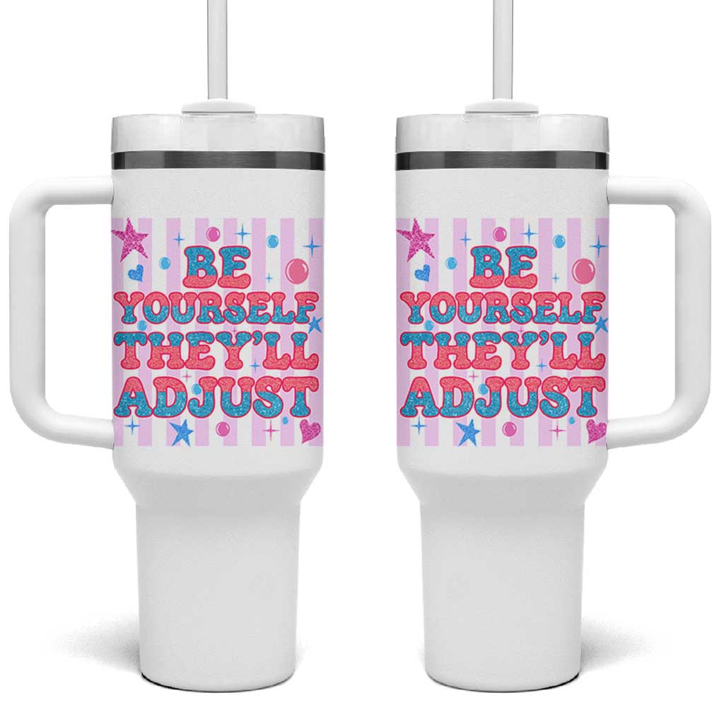 Striped Glitter Effect Printed Trans Rights Tumbler With Handle Be Yourself They Will Adjust