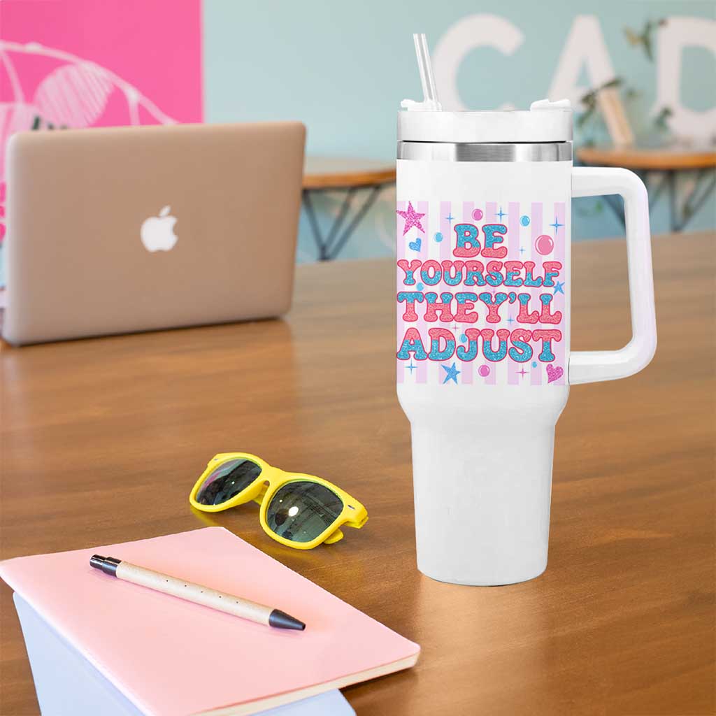 Striped Glitter Effect Printed Trans Rights Tumbler With Handle Be Yourself They Will Adjust