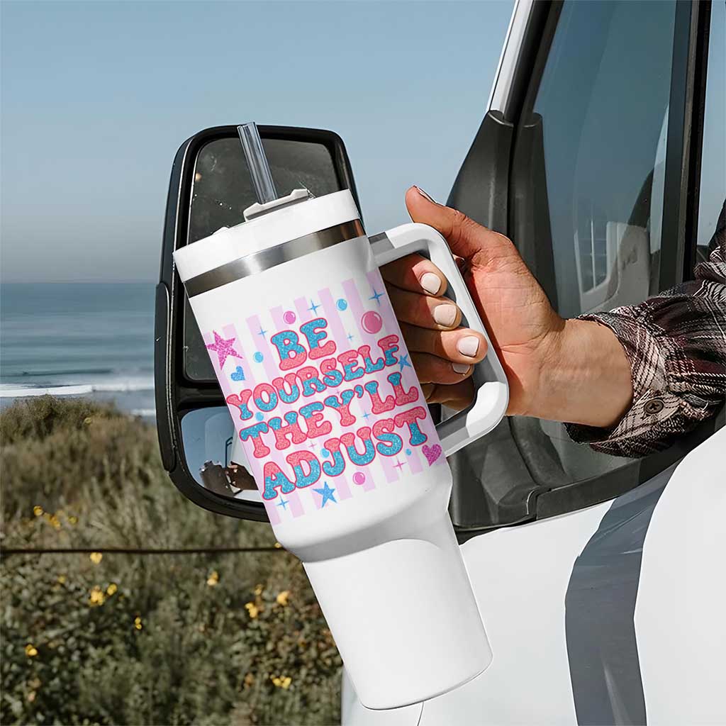 Striped Glitter Effect Printed Trans Rights Tumbler With Handle Be Yourself They Will Adjust