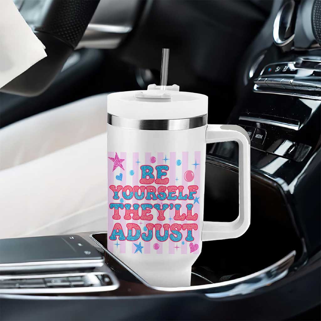 Striped Glitter Effect Printed Trans Rights Tumbler With Handle Be Yourself They Will Adjust