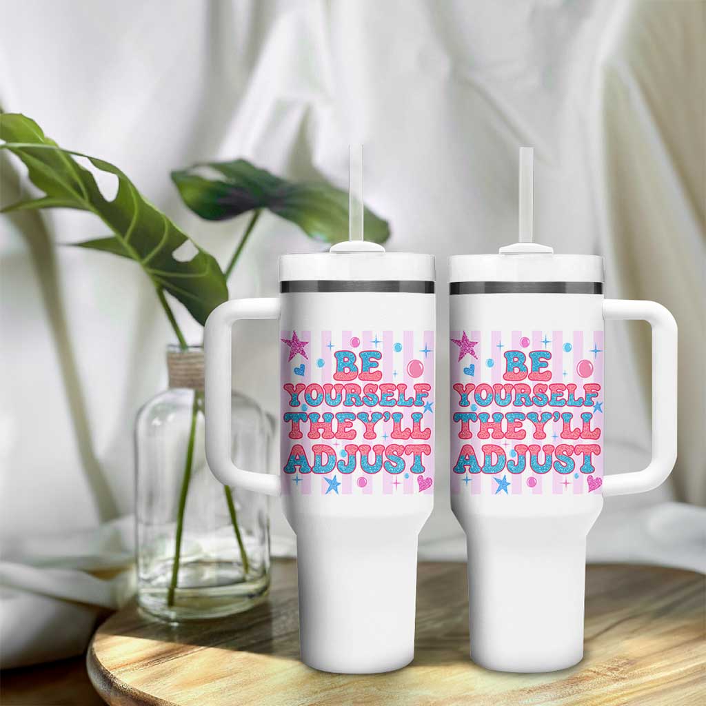 Striped Glitter Effect Printed Trans Rights Tumbler With Handle Be Yourself They Will Adjust