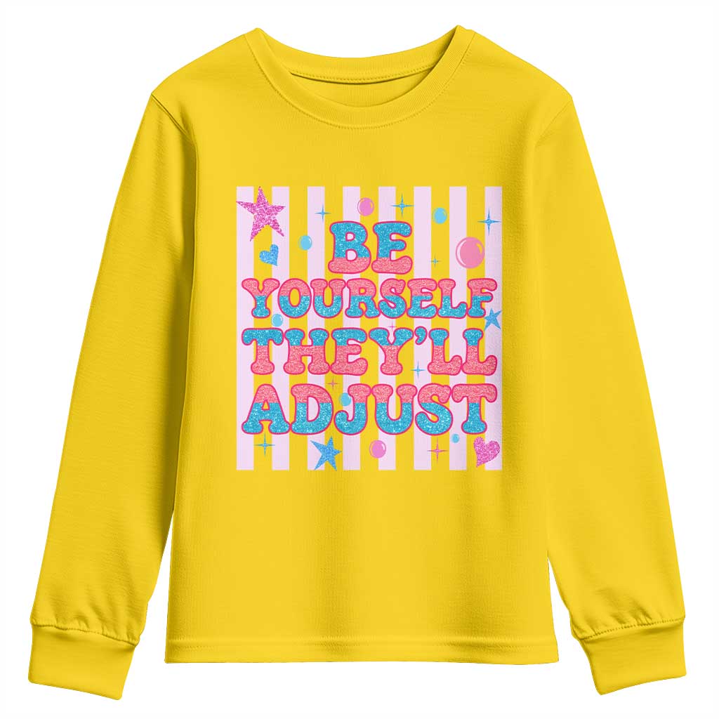 Striped Glitter Effect Printed Trans Rights Youth Sweatshirt Be Yourself They Will Adjust