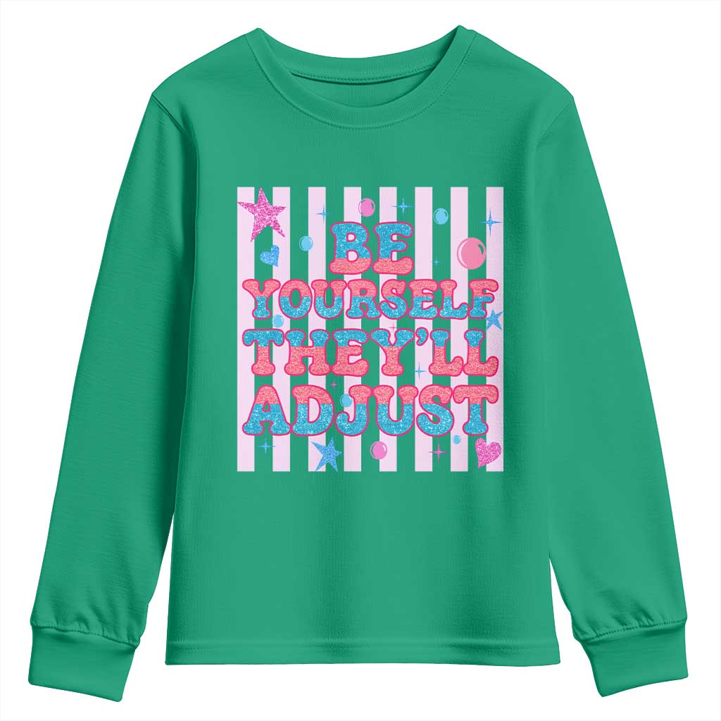 Striped Glitter Effect Printed Trans Rights Youth Sweatshirt Be Yourself They Will Adjust