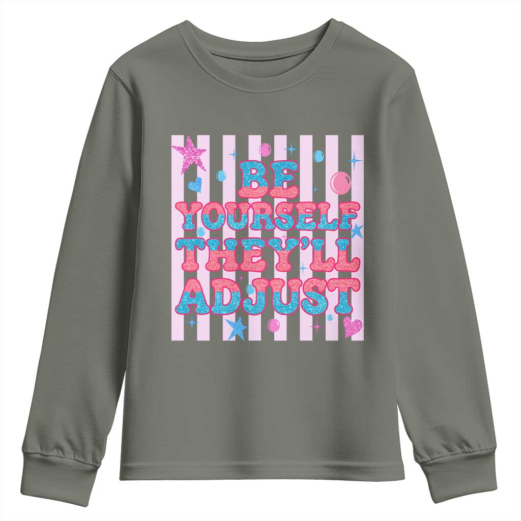 Striped Glitter Effect Printed Trans Rights Youth Sweatshirt Be Yourself They Will Adjust