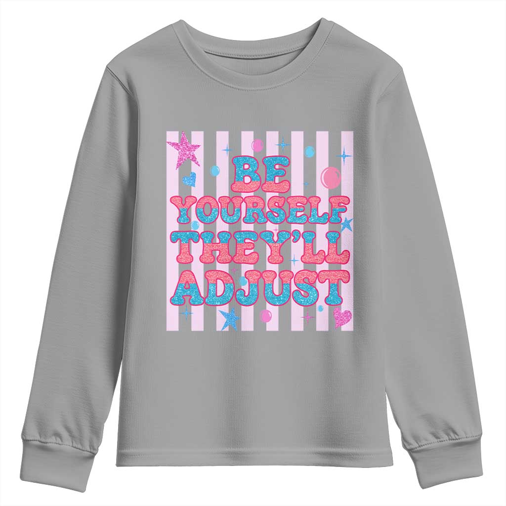 Striped Glitter Effect Printed Trans Rights Youth Sweatshirt Be Yourself They Will Adjust