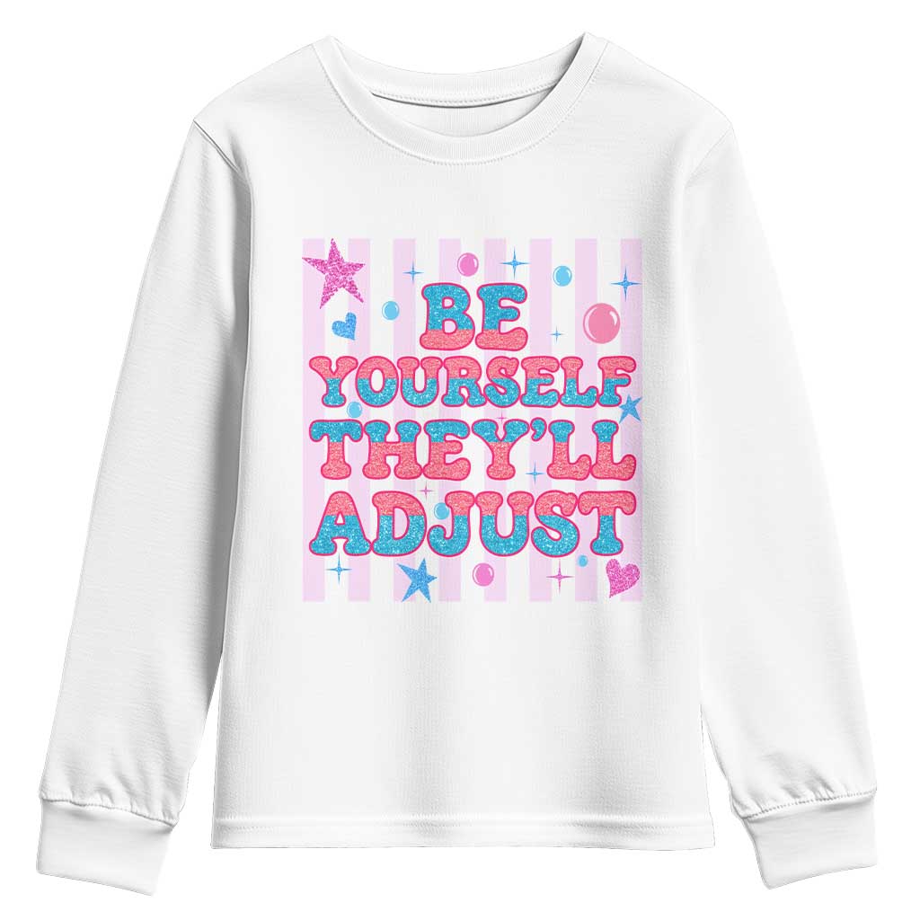 Striped Glitter Effect Printed Trans Rights Youth Sweatshirt Be Yourself They Will Adjust