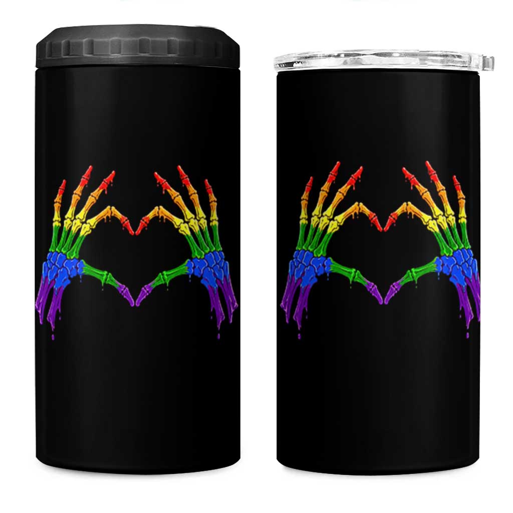 Rainbow Skeleton Heart Hands 4 in 1 Can Cooler Tumbler LGBTQ Pride Support Graphic