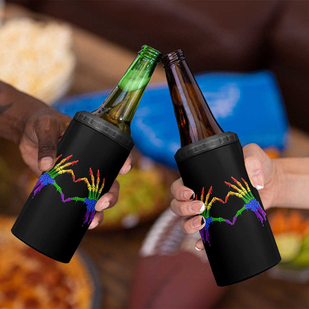 Rainbow Skeleton Heart Hands 4 in 1 Can Cooler Tumbler LGBTQ Pride Support Graphic