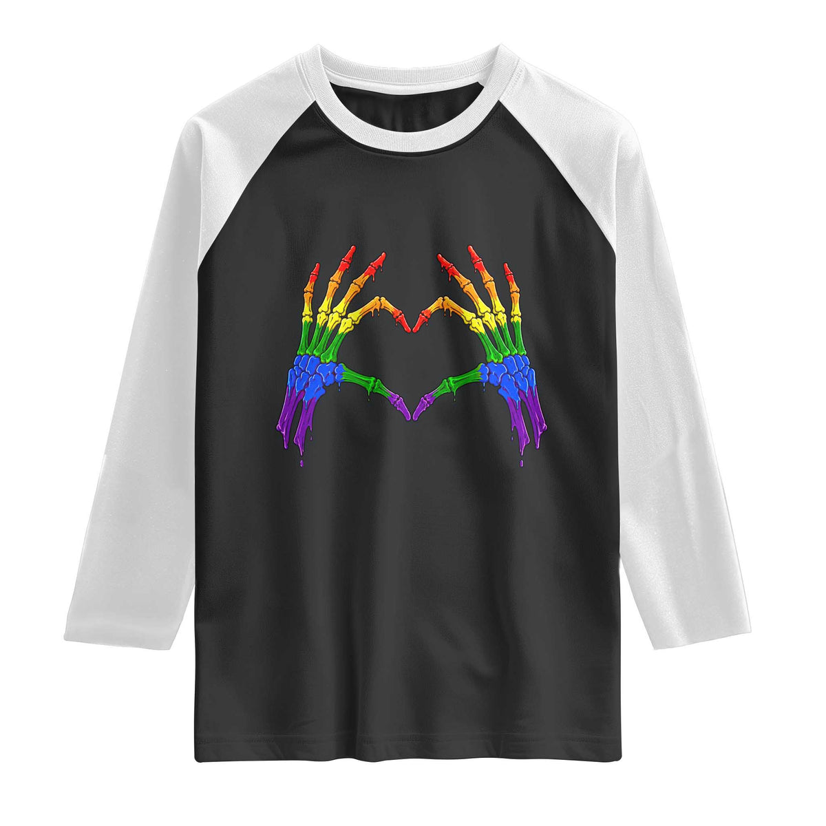 Rainbow Skeleton Heart Hands Raglan Shirt LGBTQ Pride Support Graphic