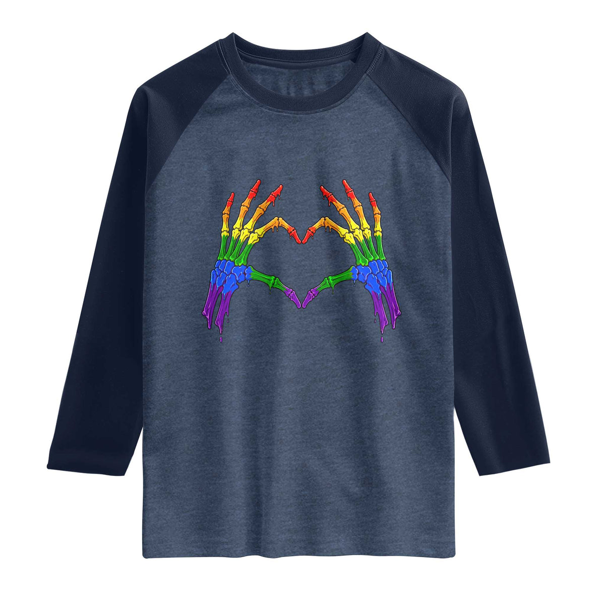 Rainbow Skeleton Heart Hands Raglan Shirt LGBTQ Pride Support Graphic