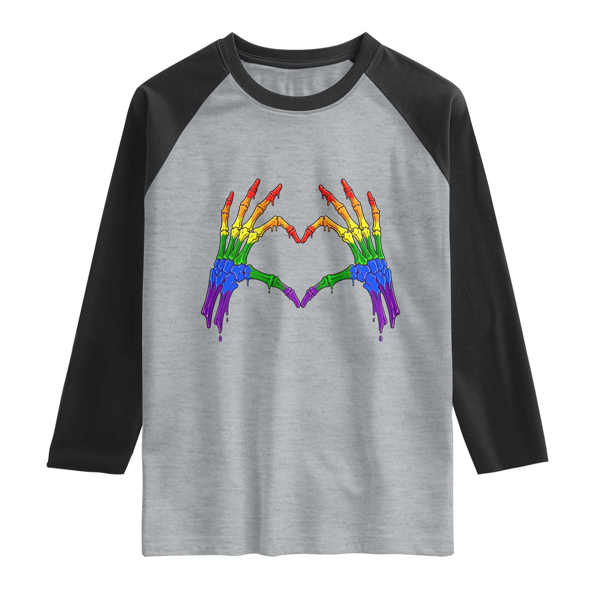 Rainbow Skeleton Heart Hands Raglan Shirt LGBTQ Pride Support Graphic