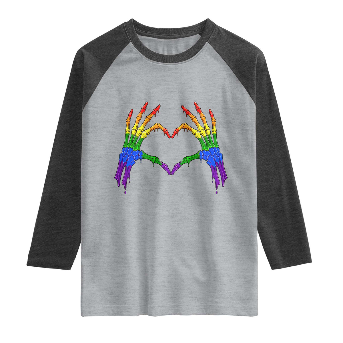 Rainbow Skeleton Heart Hands Raglan Shirt LGBTQ Pride Support Graphic