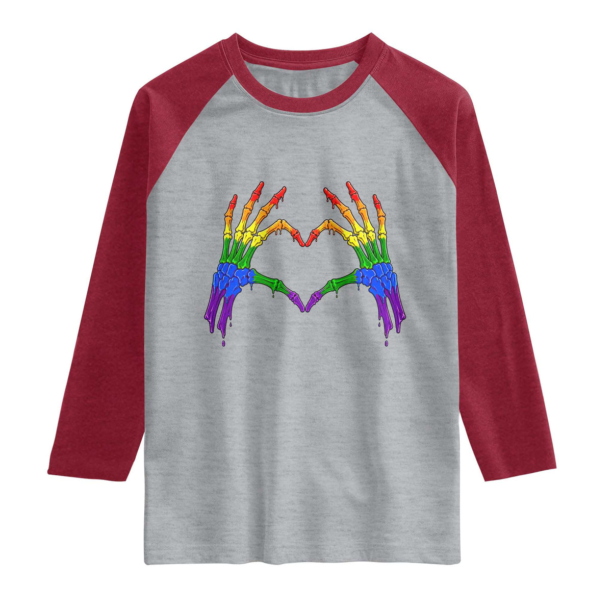 Rainbow Skeleton Heart Hands Raglan Shirt LGBTQ Pride Support Graphic