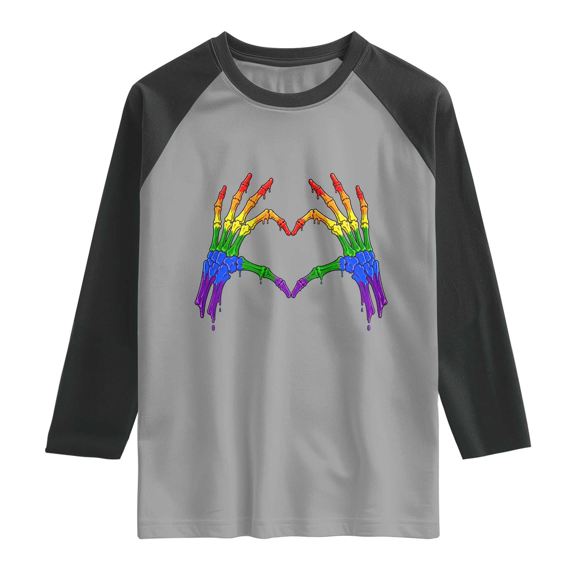 Rainbow Skeleton Heart Hands Raglan Shirt LGBTQ Pride Support Graphic